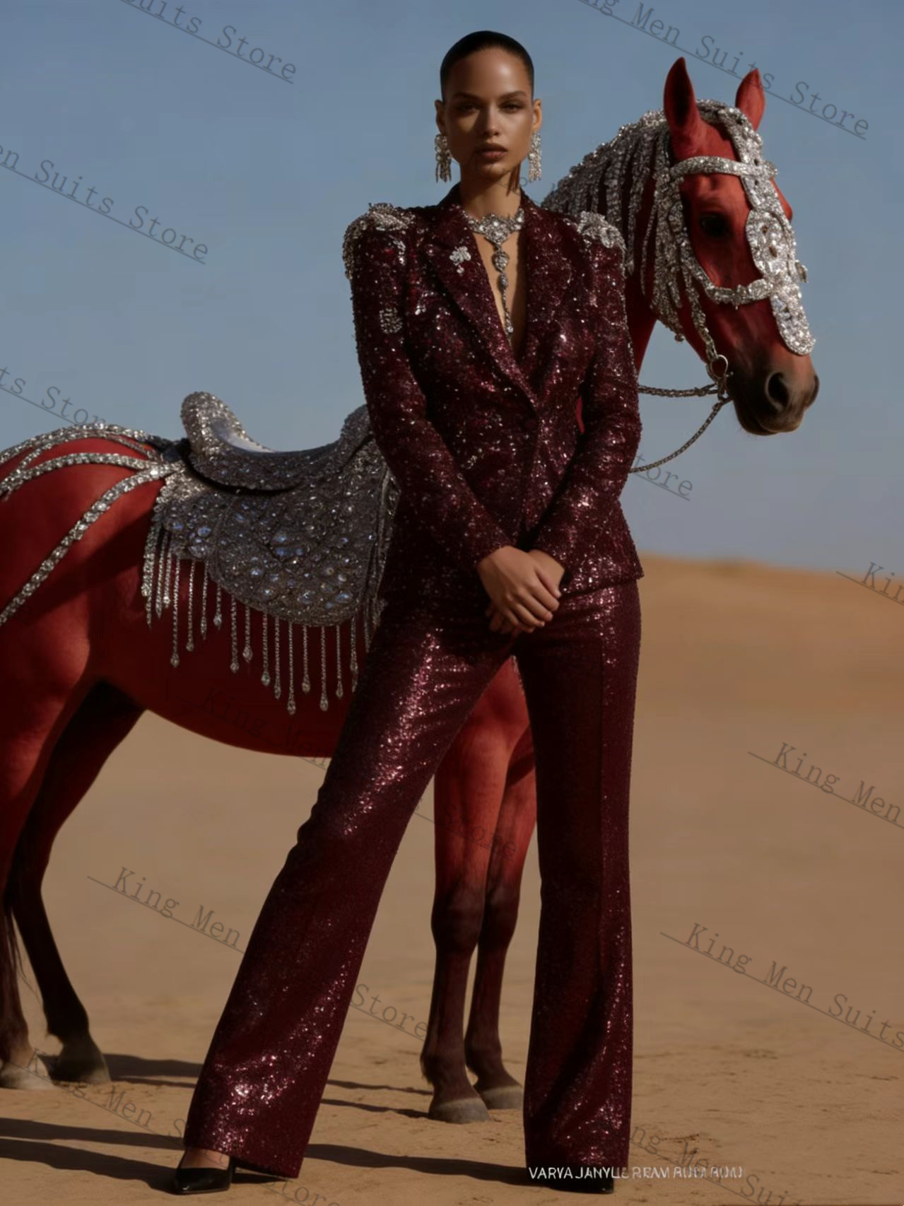 Women'S Formal Wear Wedding Guest - Burgundy Shiny Women Suit Set 2