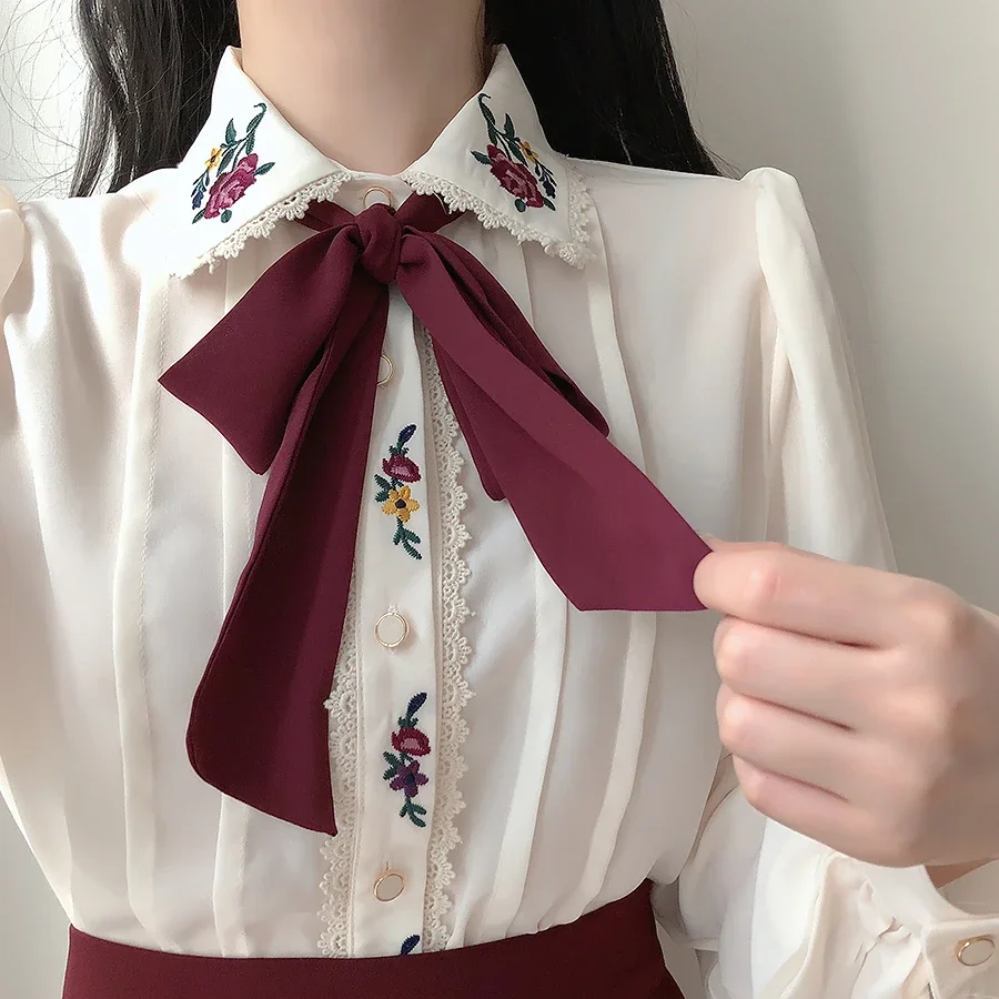 Retro Vintage Embroidery Bow T - Women Formal Wear White Shirt review and price