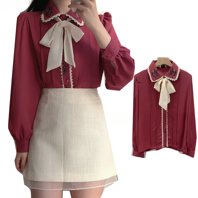 Retro Vintage Embroidery Bow T - Women Formal Wear White Shirt review and price
