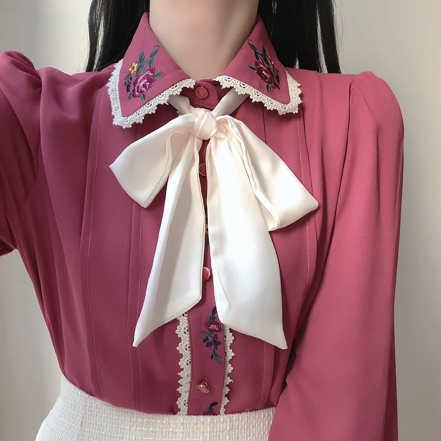Retro Vintage Embroidery Bow T - Women Formal Wear White Shirt review and price