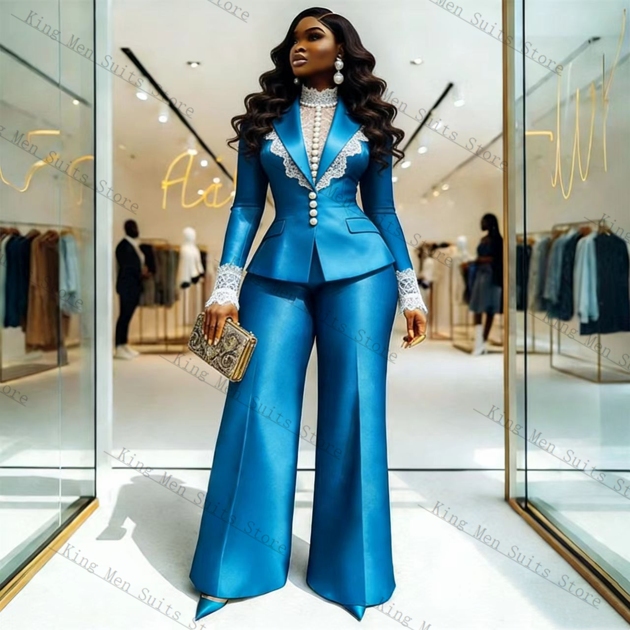 Blue Satin Lace Women Suit Set - Women Formal Wear Coat review and price