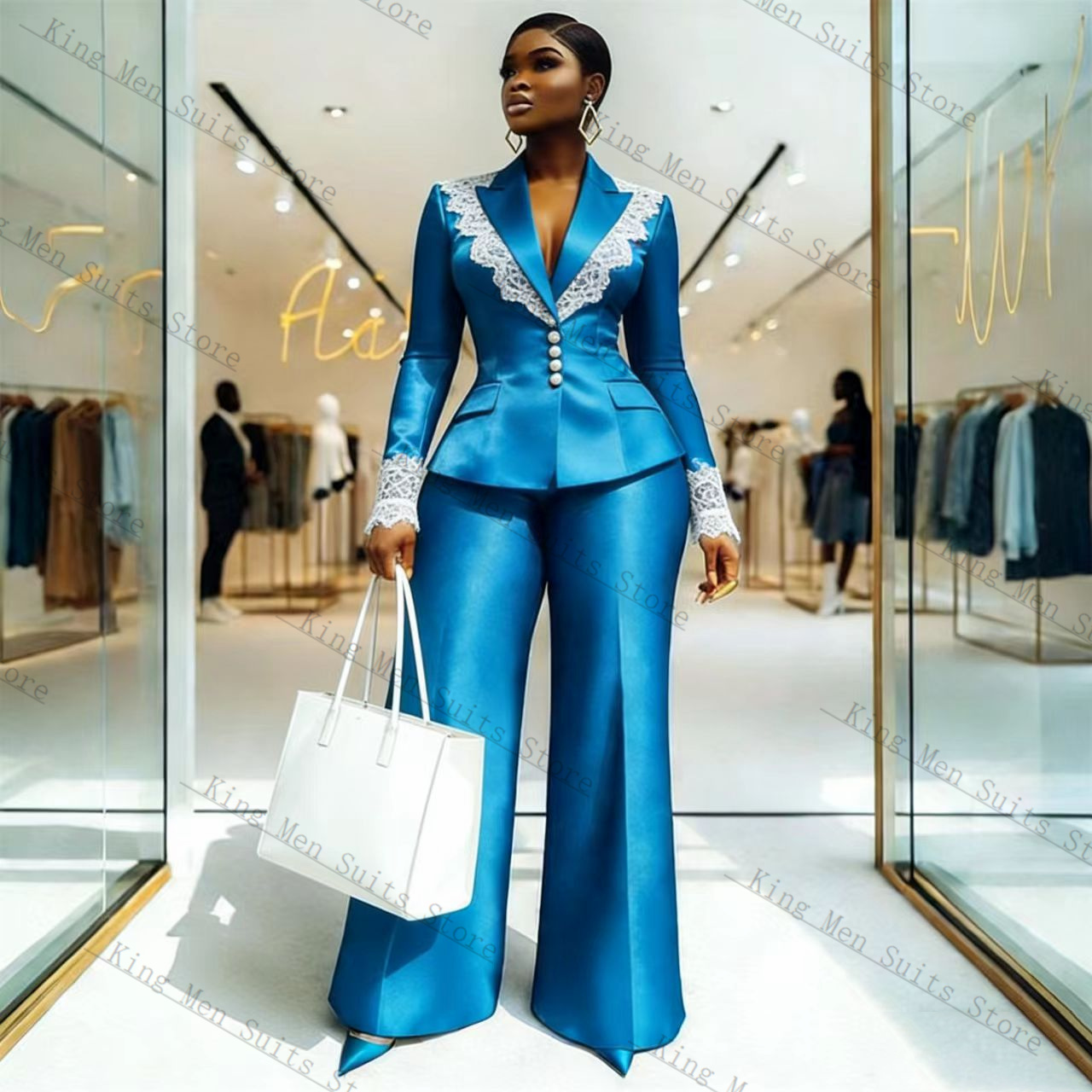 Blue Satin Lace Women Suit Set - Women Formal Wear Coat review and price