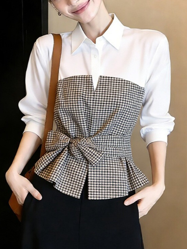 New White Black Gingham Patchw - Women Formal Wear White Shirt review and price