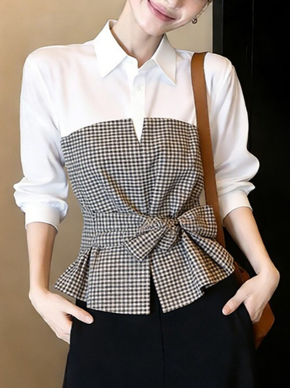 New White Black Gingham Patchw - Women Formal Wear White Shirt review and price
