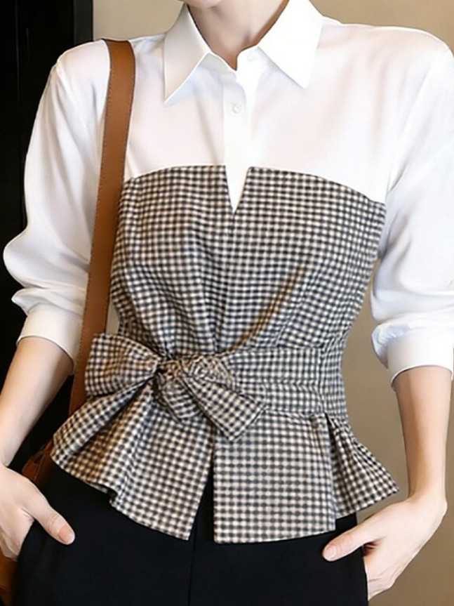 New White Black Gingham Patchw - Women Formal Wear White Shirt review and price