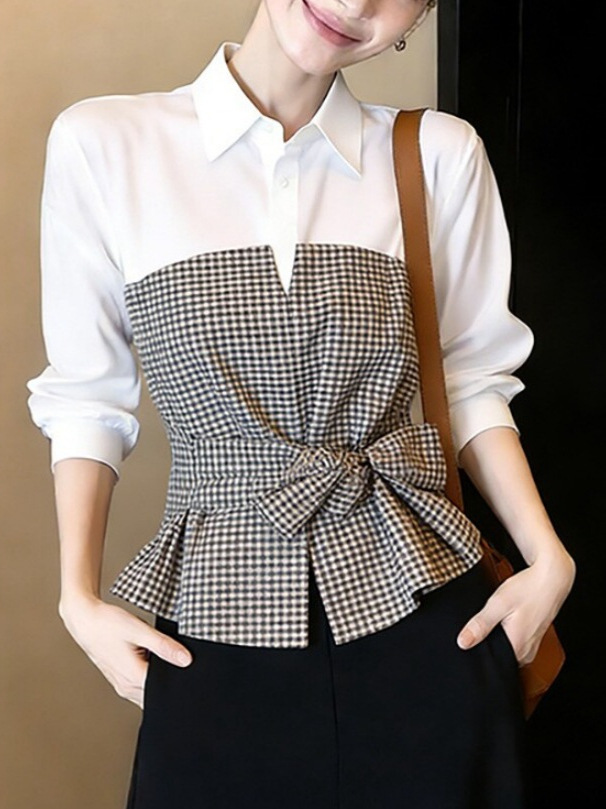 New White Black Gingham Patchw - Women Formal Wear White Shirt review and price