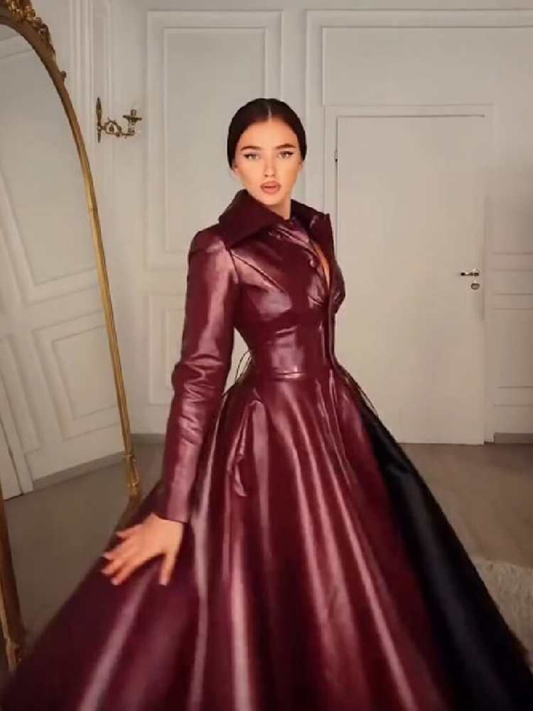 Women Wine Red Faux Leather Lo - Women Formal Wear Coat review and price
